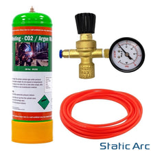Load image into Gallery viewer, ARGON CO2 DISPOSABLE GAS BOTTLE CYLINDER KIT WELDING REGULATOR GAUGE HOSE 2.2L