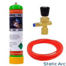 Load image into Gallery viewer, ARGON CO2 DISPOSABLE GAS BOTTLE CYLINDER KIT WELDING w/ REGULATOR HOSE 0.95L