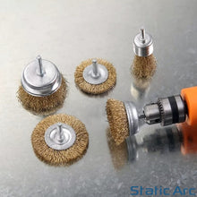 Load image into Gallery viewer, 5pc BRASSED STEEL WIRE WHEEL CUP BRUSH SET DRILL GRINDING SANDING RUST REMOVER