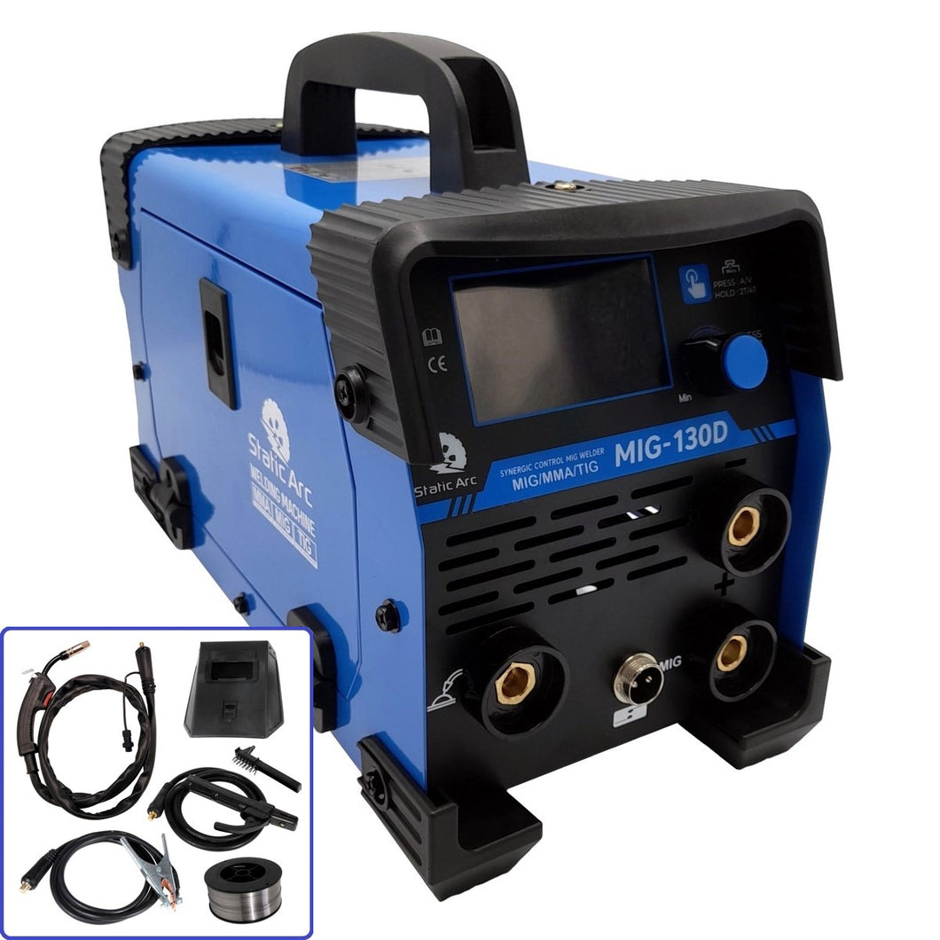 MIG 130D Inverter Gasless Welder 3in1 Synergic MMA ARC TIG Lift No Gas Flux Core 130A